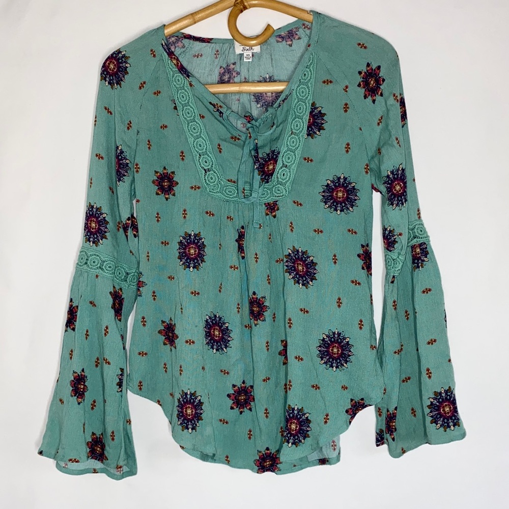 Sunset & Sixth Teal Floral Tie Blouse